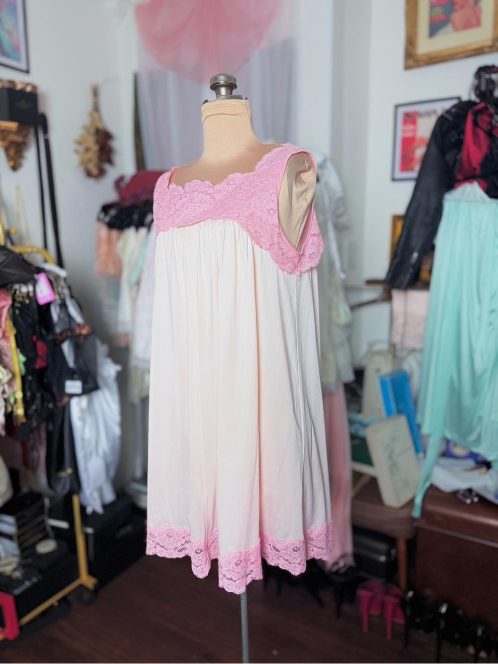 Vintage 1960s 1970s Babydoll Style Dress Pink Chemise Sleeveless Nightdress